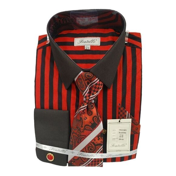 MEN'S FRATELLO BOLD BLACK/RED STRIPE FRENCH CUFF DRESS SHIRT. FRV4159P2 - Picture 4 of 4